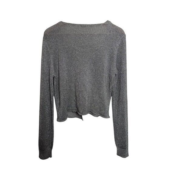 Free People Silver Metallic Cardigan Size L – Cropped Button Front Shimmer Knit - Picture 2 of 2
